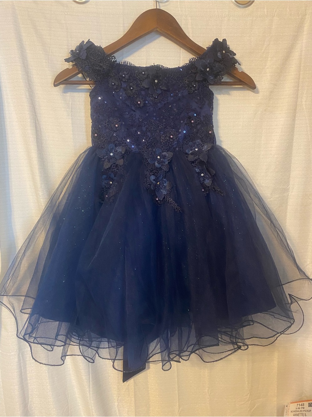 Girls Navy Floral Appliqué Tulle Dress- Flower Girl Wedding Dance Dress